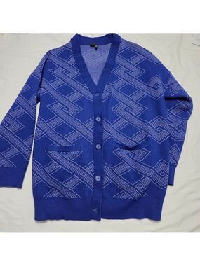 Icône Simons Vision Geometric Knit Cardigan Blue White Button Front Size Large